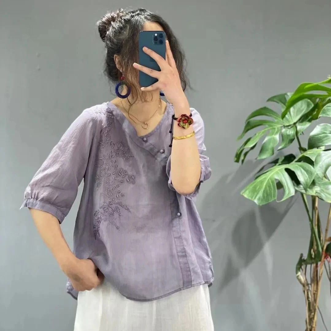 【当天发+退换包邮】刺绣五分袖衬衫女夏季纯色气质显瘦小衫上衣463