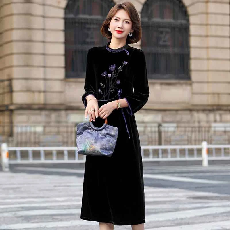 桑蚕丝绒连衣裙阔太太桑蚕丝裙子喜婆婆春秋款妈妈装修身高贵宴会