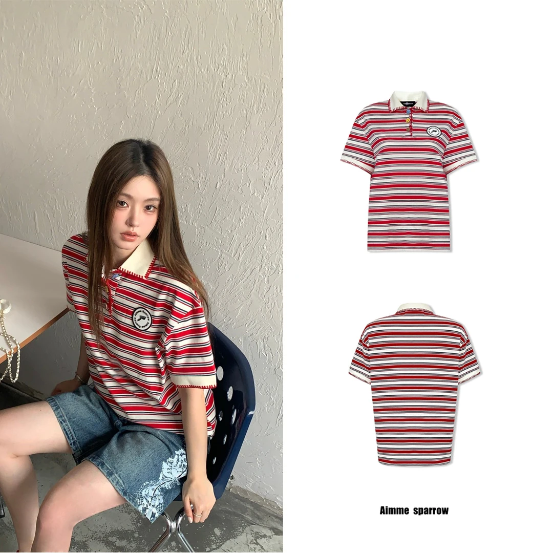 Aimme sparrow 红色/蓝色条纹Polo领短袖