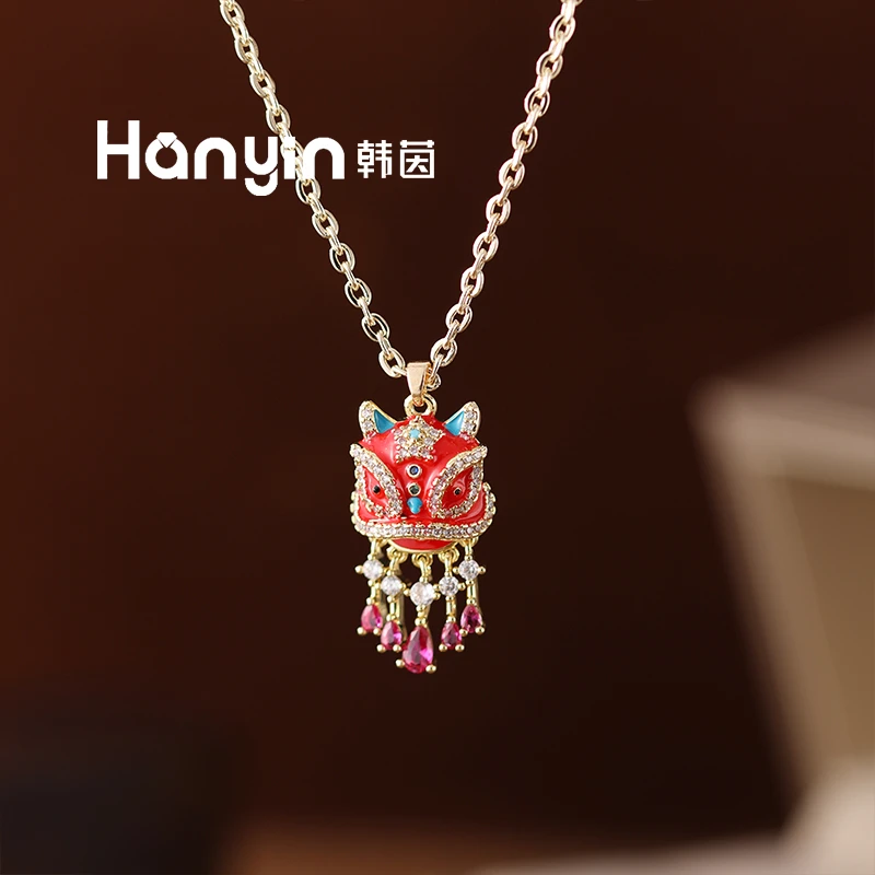 铜合金项链 58cm轻奢光面微镶醒狮灵动水滴流苏项链