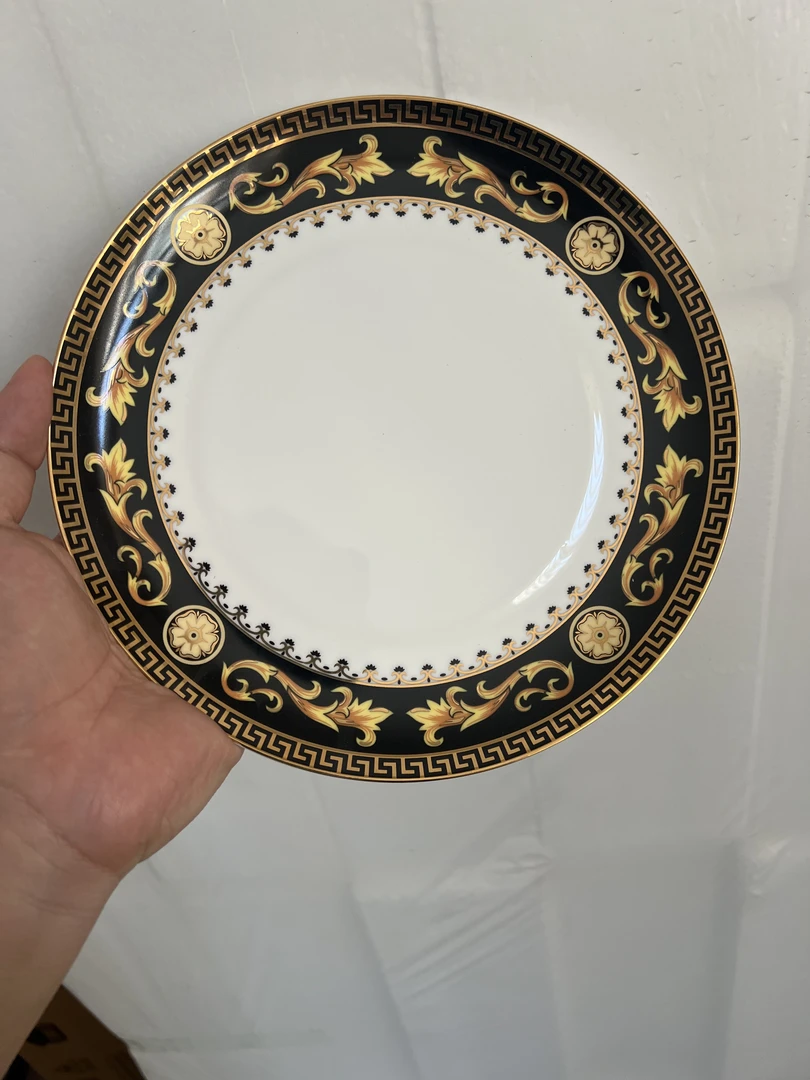 4个正品尾单金多多金花黑边7.5英寸浅窝窝盘陶瓷餐盘