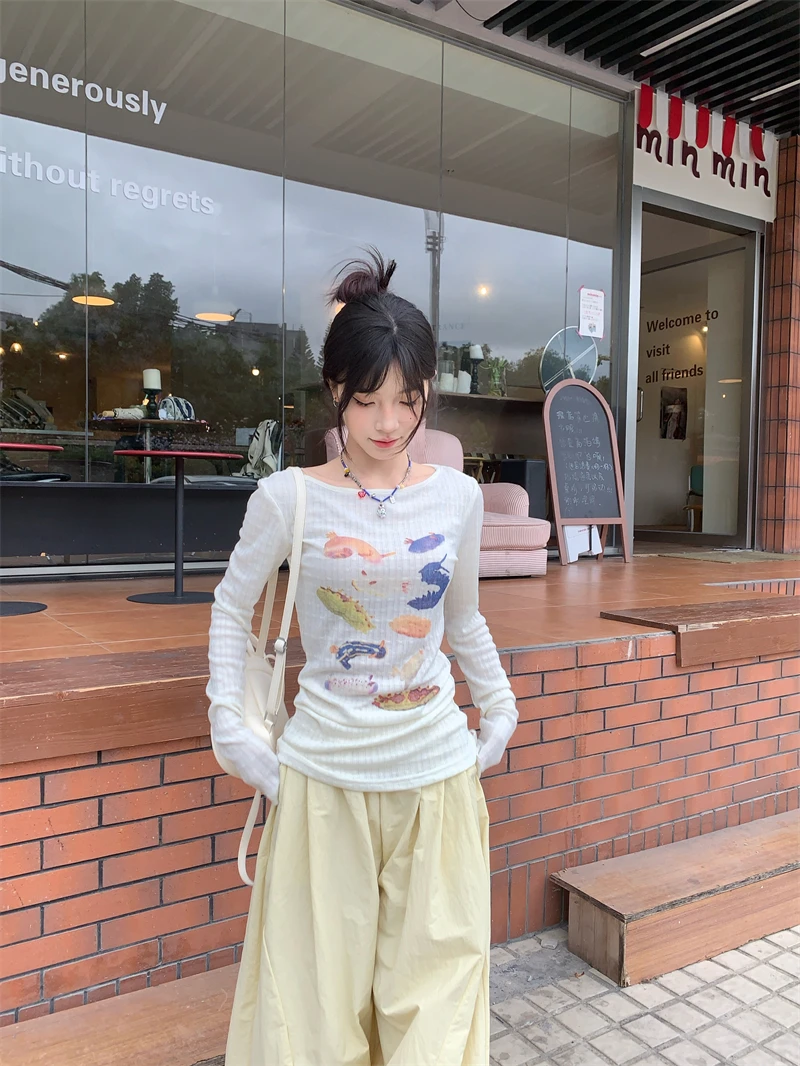 【NYPP】夏季可爱印花弹力坑条修身T恤+宽松松紧腰速干阔腿裤套装