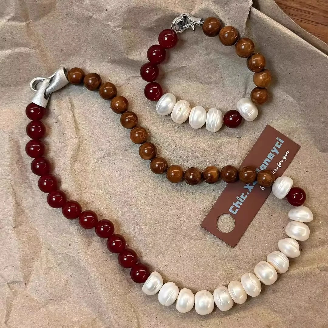 铜合金项链 新中式螺纹项链气质女小众设计时尚高级感串珠锁骨链