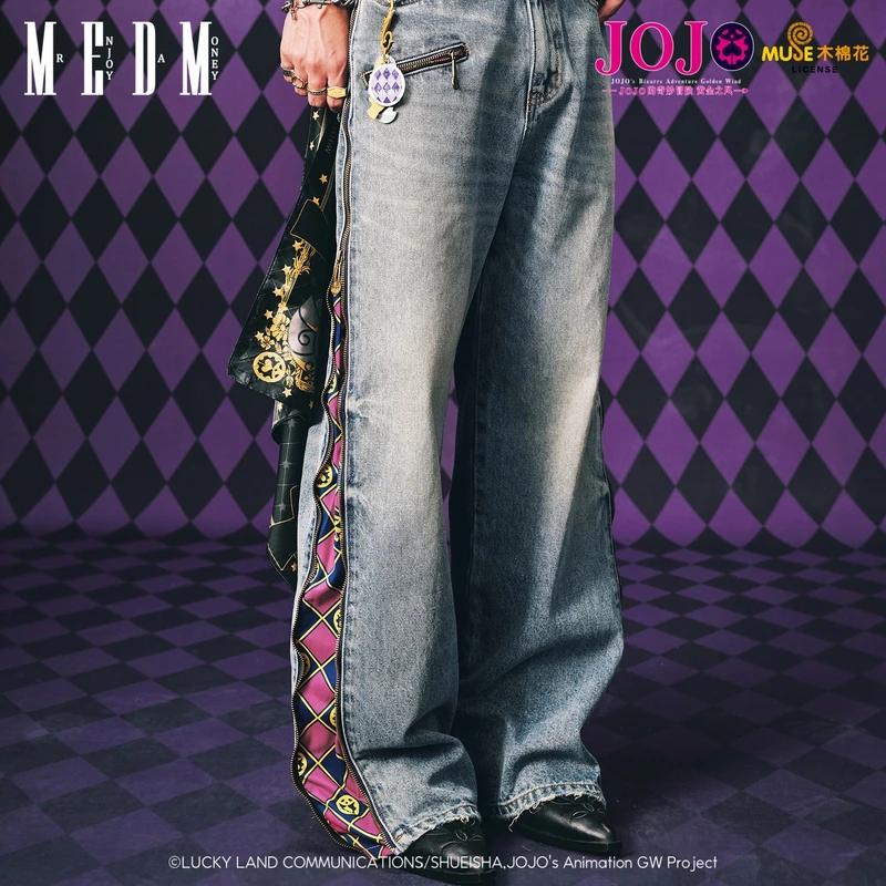 MEDMxJOJO的奇妙冒险联名-拉链格纹休闲牛仔裤水洗做旧微弹拖地裤