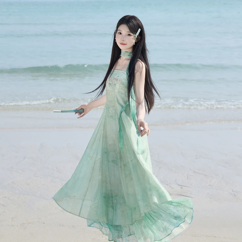 七月夕【芳草涧】改良比甲三裥裙收腰吊带连衣裙汉元素套装夏季