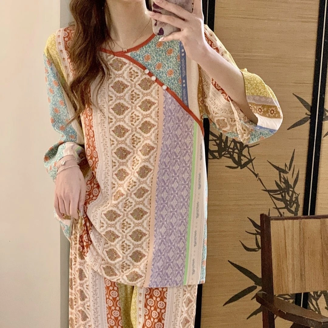 【娃娃专属】新中式女款棉绸七分袖长裤家居服套装