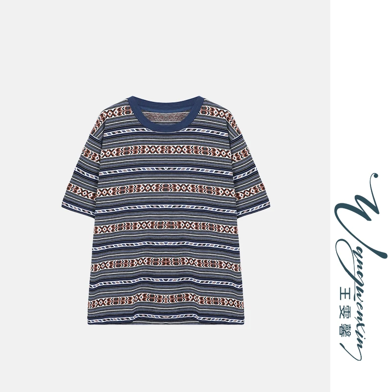 【王雯馨】“法蓝情歌”复古提花 细条纹 显瘦百搭 夏季圆领针织T恤