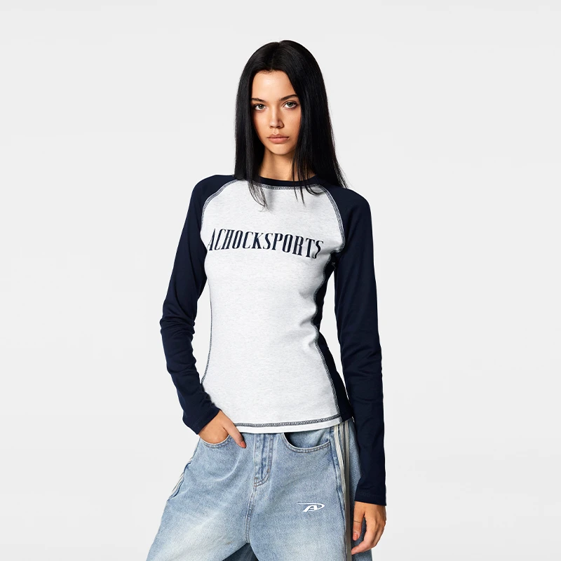 【Achock官方店】美式紧身长袖上衣女拼色正肩长袖T恤衫辣妹显瘦