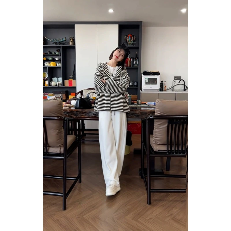 休闲运动套装春秋季百搭宽松高级感连帽条纹卫衣直通卫裤两件套装