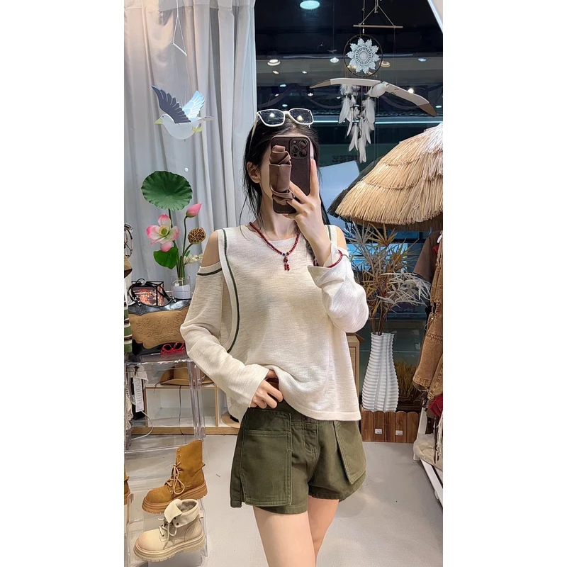 【不能机洗】~新款露肩圆领长袖T恤衫女宽松百搭薄款上衣BF00101