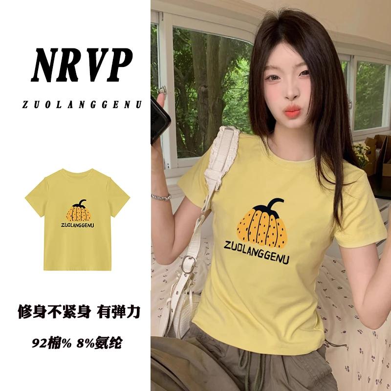 修身正肩短袖胖mm显瘦款t恤女复古印花弹力设计感时尚休闲上衣ins