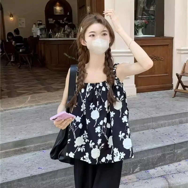 夏季新款法式复古小众设计感度假风花朵印花宽松显瘦小吊带背心女