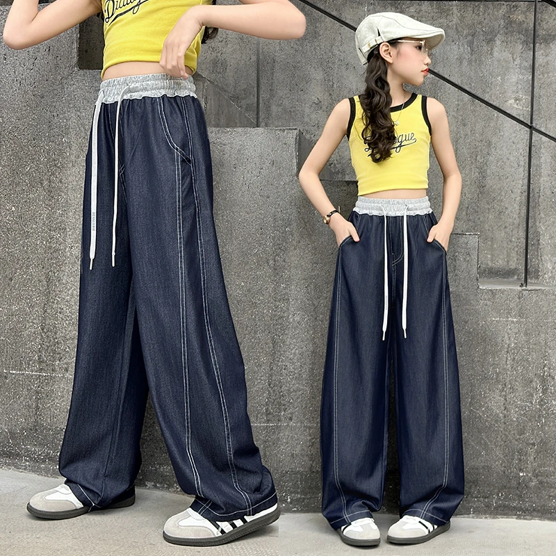 女童夏装仿天丝牛仔裤子大童薄款拼接弯刀裤女孩儿童净蓝色阔腿裤