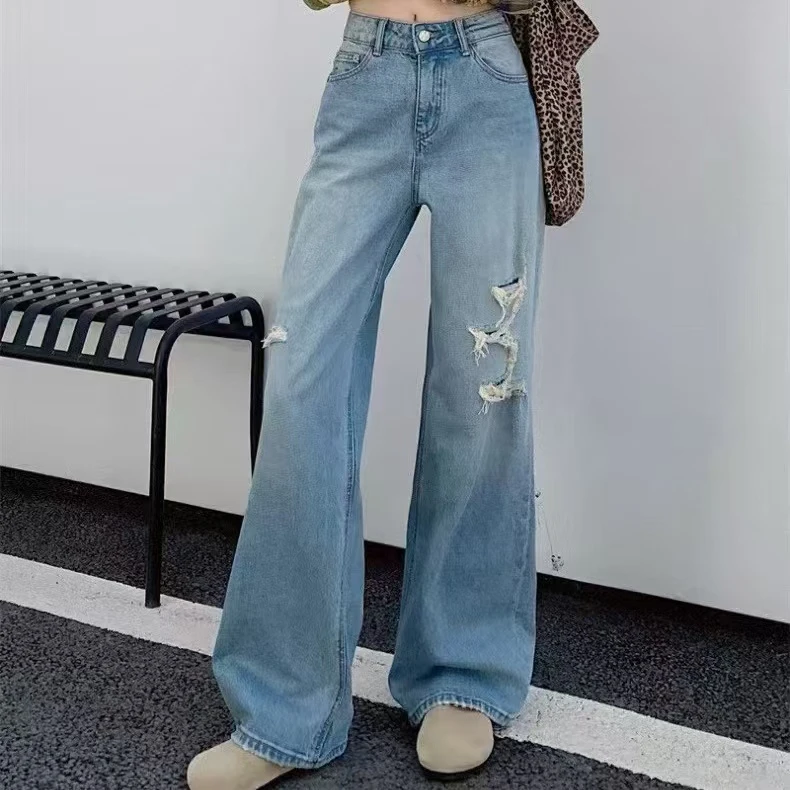 《霞华》2024新款时尚气质百搭春款破洞牛仔阔腿裤