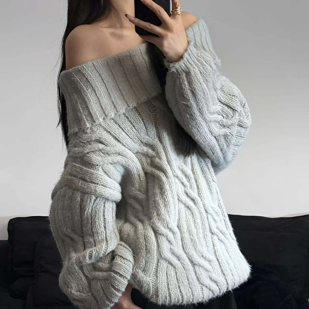 辣妹风一字领毛针织衫外穿冬季上衣宽松圆领慵懒风套头高领