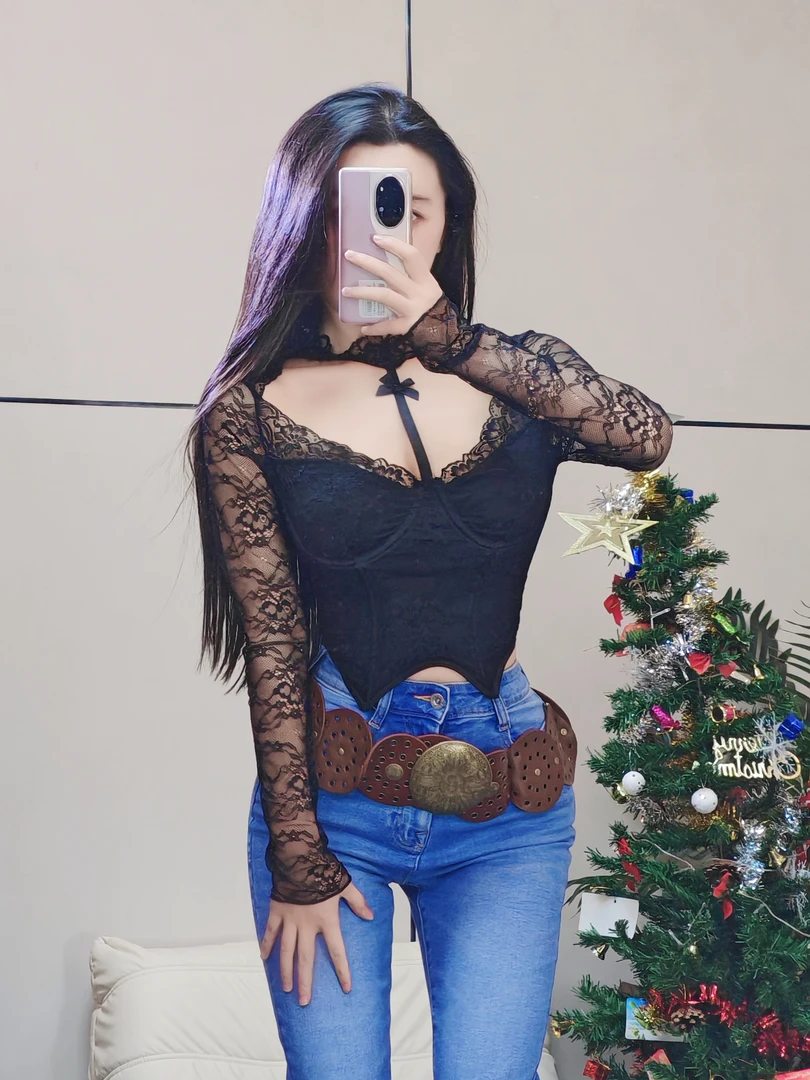 燃燃家纯欲辣妹性感黑色蕾丝衫挂脖绑绳修身钢圈鱼骨蝴蝶结上衣女