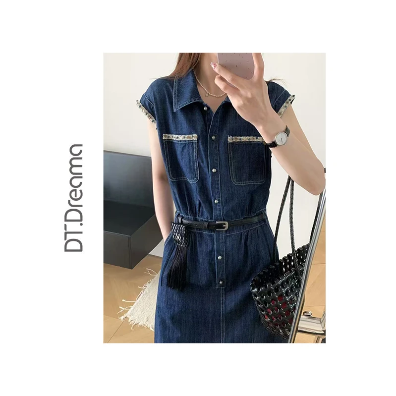 夏季复古气质翻领牛仔连衣裙女高级感别致收腰显瘦a字裙休闲时尚