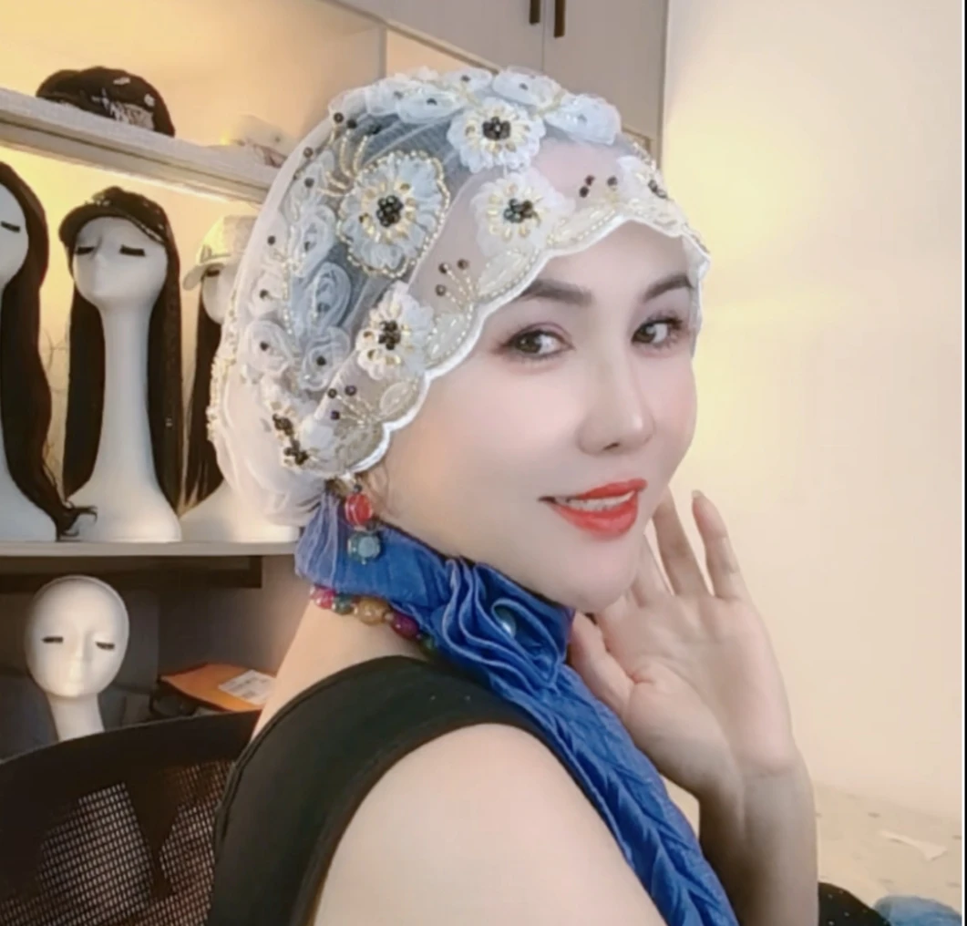 四季蕾丝钉珠花朵包头帽女士新款洋气时尚盘发遮白发民族风打底帽