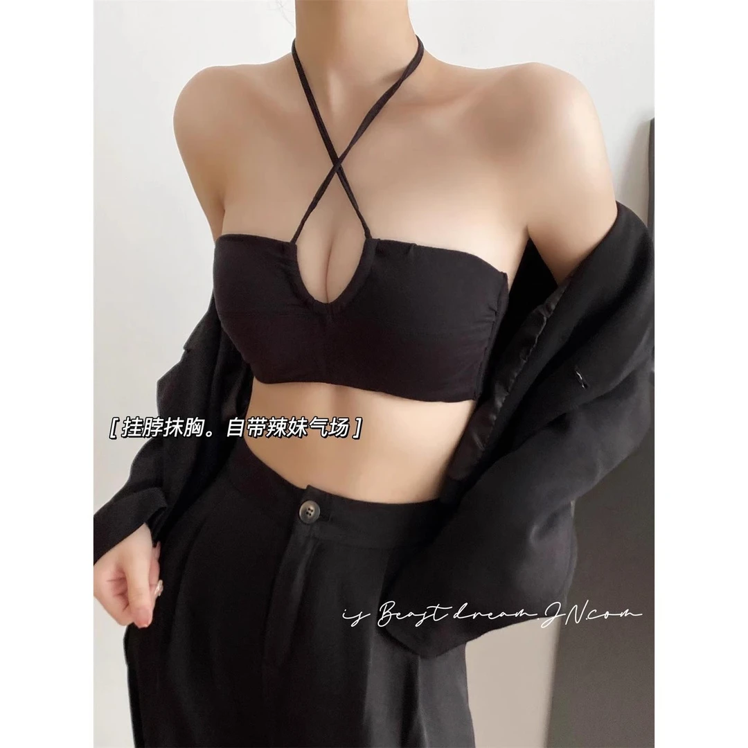 维多利亚小胸聚拢内衣女挂脖式性感无肩带防滑抹胸无钢圈收副乳美