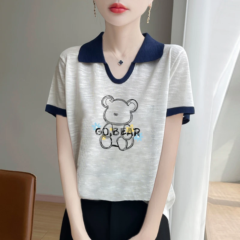 竹节棉宽松撞色翻领短袖t恤女士夏季显瘦韩版印花气质洋气时尚女