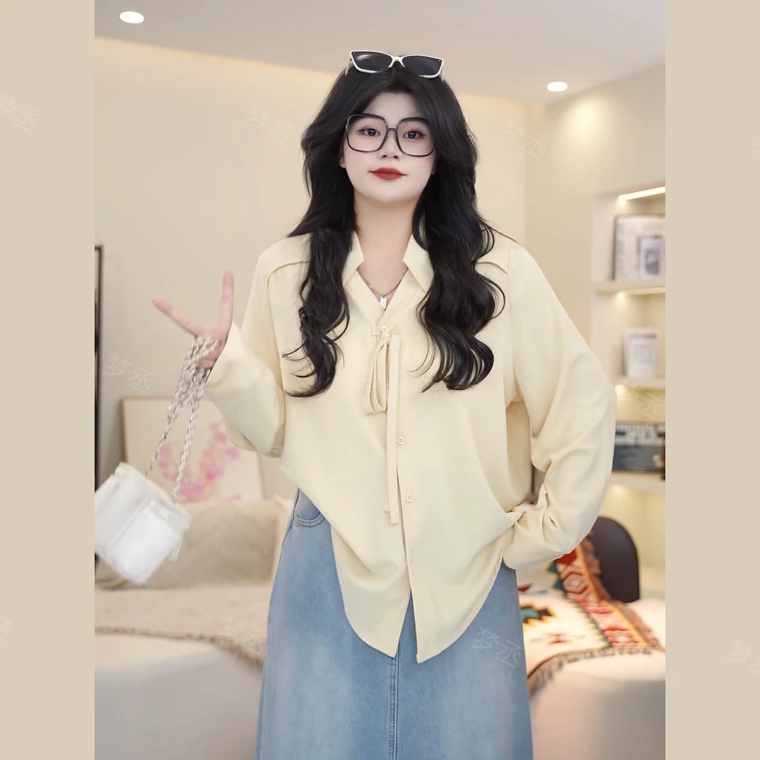 梦丞-冬季大码女装遮肉法式通勤高级感显瘦系带长袖衬衫上衣女