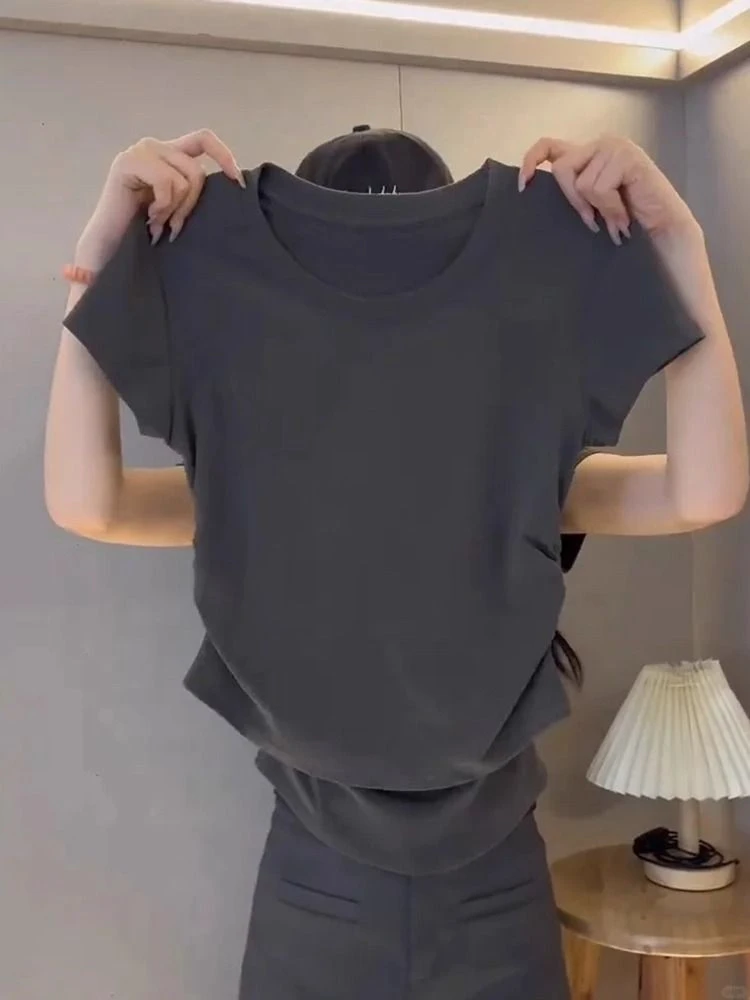 欧货高端短袖t恤女夏季2025新款褶皱收腰体恤衫时尚洋气圆领上衣