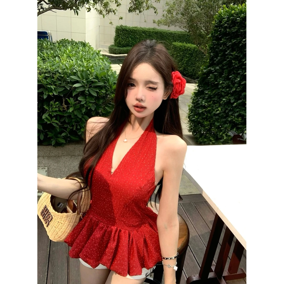 红色波点挂脖背心女夏季设计感外穿收腰修身无袖吊带辣妹花苞上衣