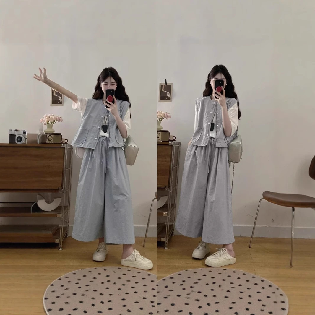 大码韩版时尚显瘦无袖叠穿马甲休闲通勤裤裙内搭三件套百搭女装潮