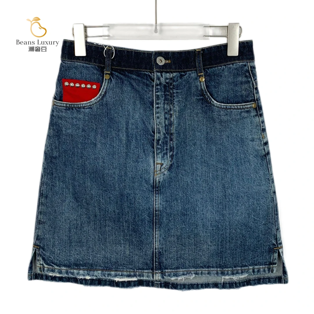 99新 MIU MIU/缪缪 蓝色口袋水钻棉质半身裙/J12990