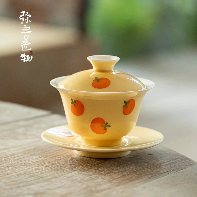 当代 手绘柿柿如意盖碗茶杯家用陶瓷手工薄胎泡茶碗不烫手单茶碗