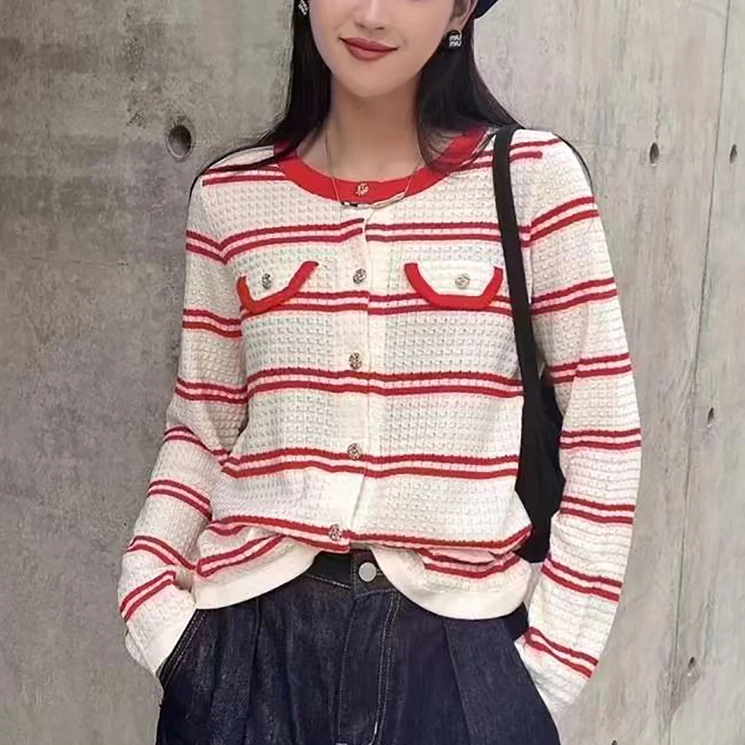 【春季上新】C8024红色小香风气质设计感条纹时尚百搭圆领针织开衫