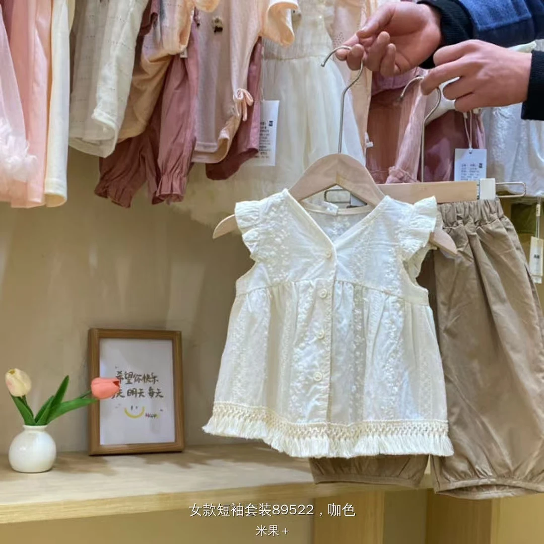 夏季女童时尚休闲棉布衬衣花边两件套89522套装