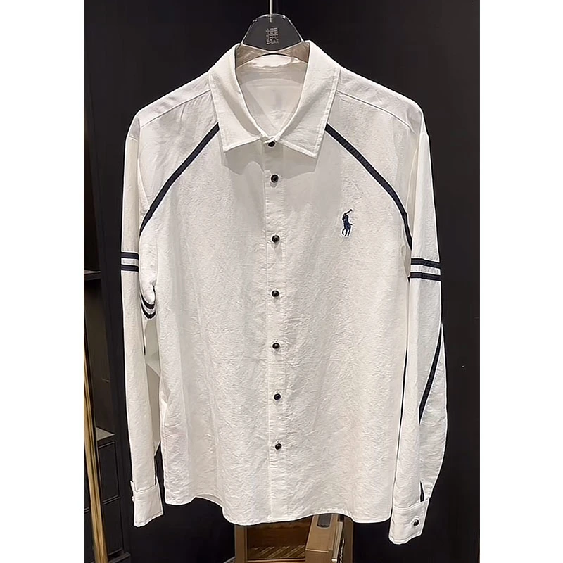 欧货轻奢高定大牌男士衬衣2025早秋新款人马刺绣设计感撞色白衬衫