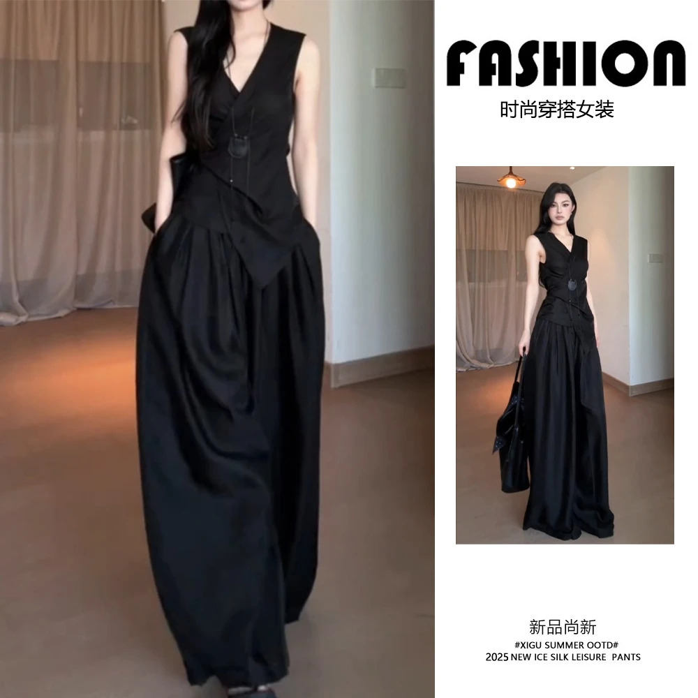 法式大码黑色背心套装女2025新款收腰短款马甲阔腿拖地裤两件套夏
