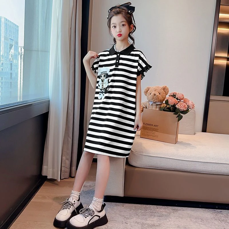 中大童短袖连衣裙2025新条纹洋气中长款爆款女孩儿童时尚T恤裙