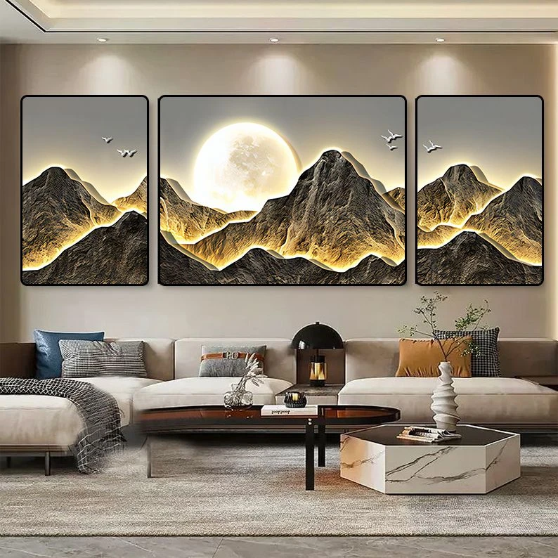 轻奢客厅装饰挂画大气背有靠山三联画高级沙发背景画M028