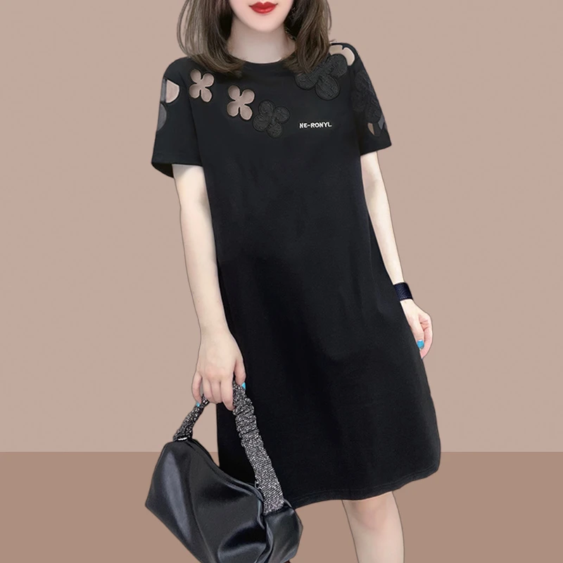 大码慵懒风圆领短袖t恤连衣裙女夏季新款微胖mm宽松显瘦小黑裙子