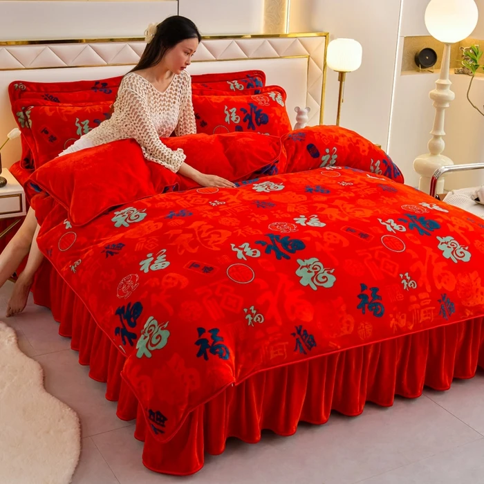 加厚牛奶绒百福四件套冬季珊瑚法兰绒双面绒被套床单大红婚嫁喜庆