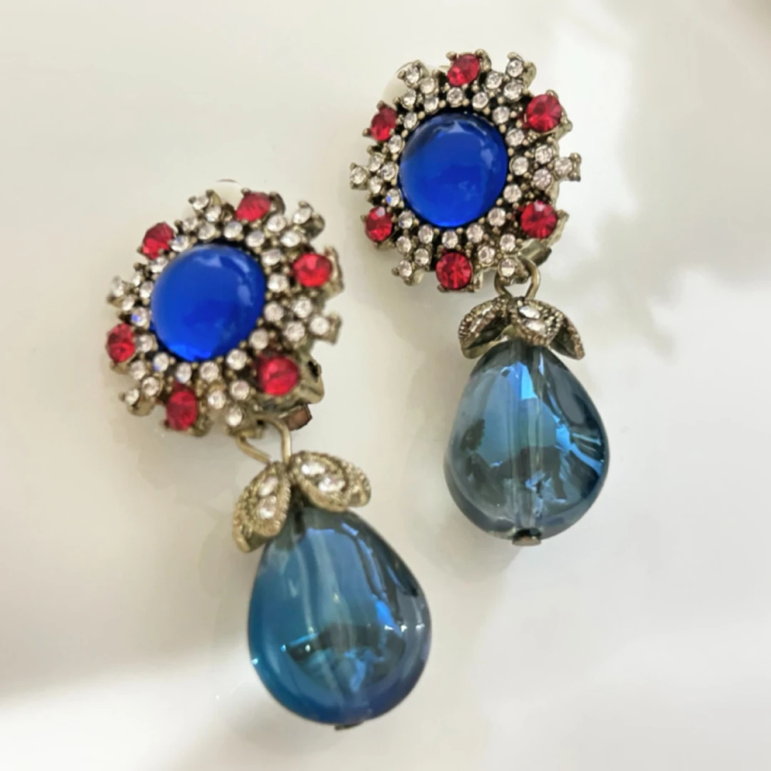 铜合金耳饰 1495西洋中古风vintage复古蓝色精致耳夹耳钉