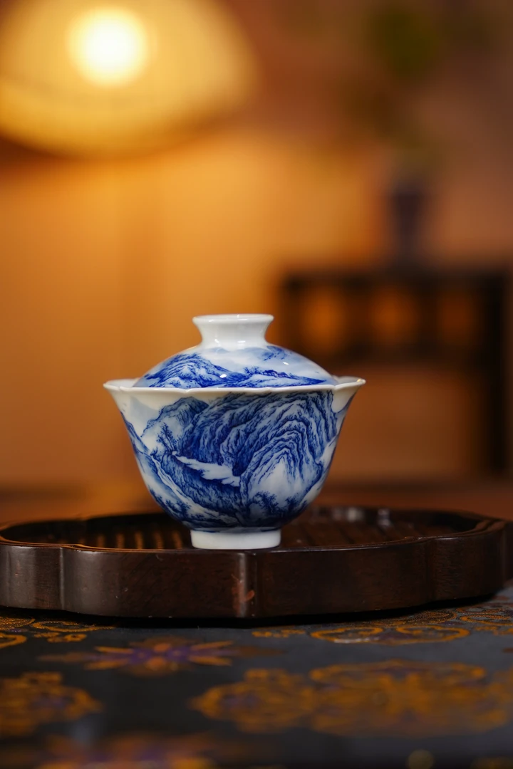 画堂春 山水花口盖碗 陶瓷喝茶茶器手绘饮茶手工HTC茶具