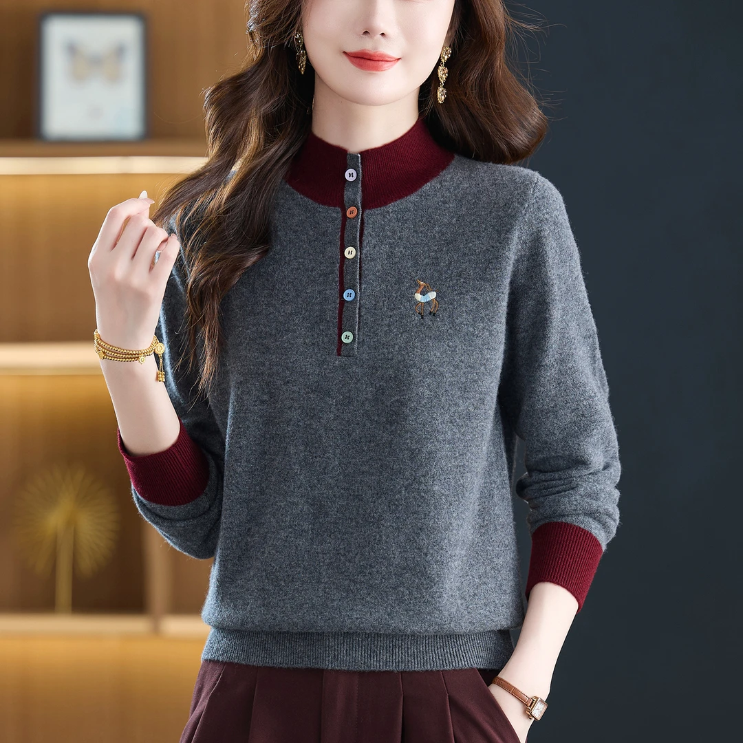 半高领羊毛衫女冬季新款时尚撞色毛衣2025新款胖mm大码打底衫显瘦