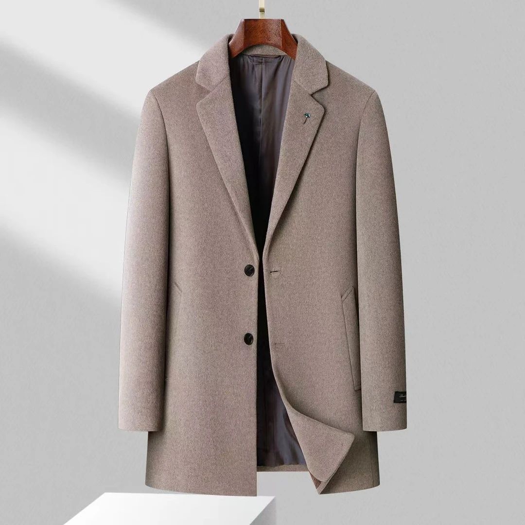 男士秋冬商务休闲百搭简约纯色平驳领大衣外套/0311