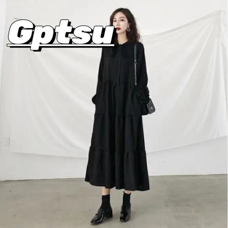 GPTSu大码女装2025秋季款胖mm遮肚显瘦法式气质黑色赫本风长袖裙