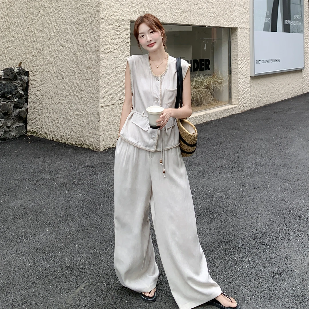 法式设计感系带无袖背心上衣女2025夏韩版时尚显瘦阔腿裤两件套装