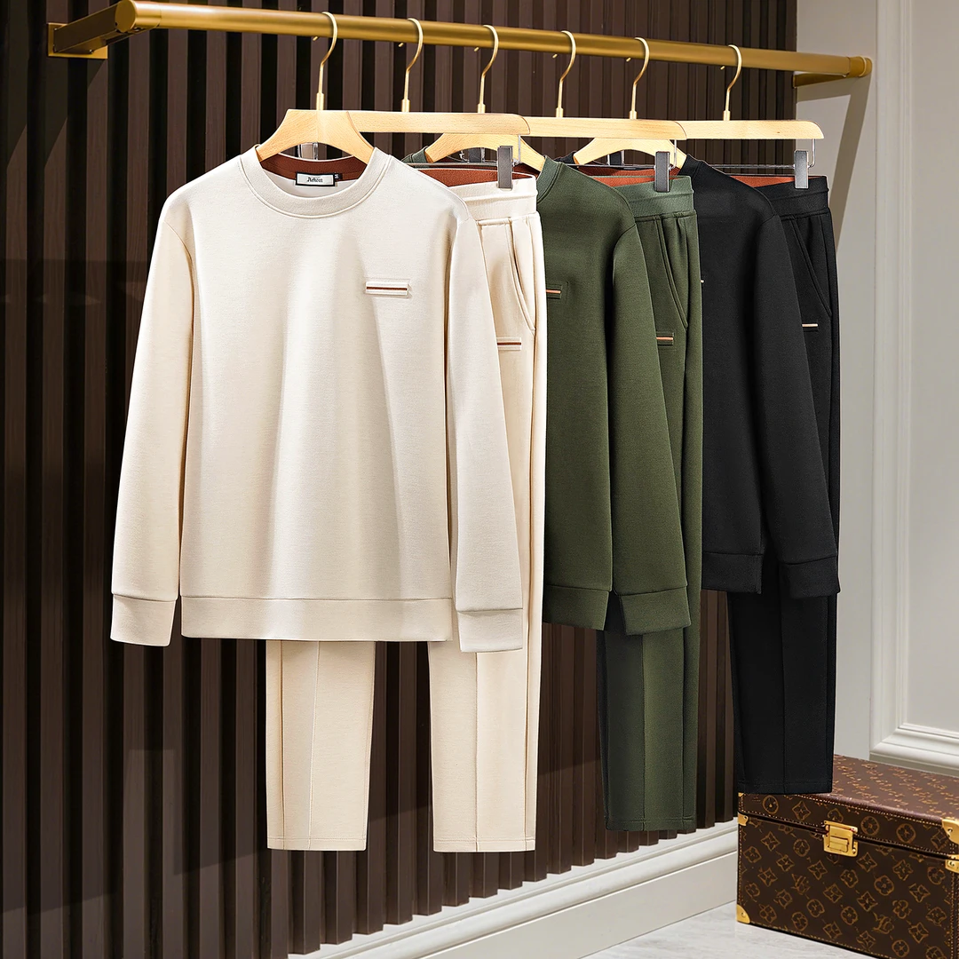 秋季时尚老钱风空气层天丝羊毛两件套男士纯色卫衣休闲运动套装