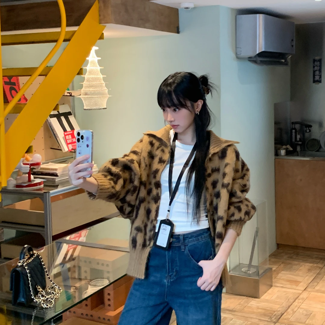 旷野的歌～韩系复古小立领豹纹长毛软糯毛衣ins百搭时髦