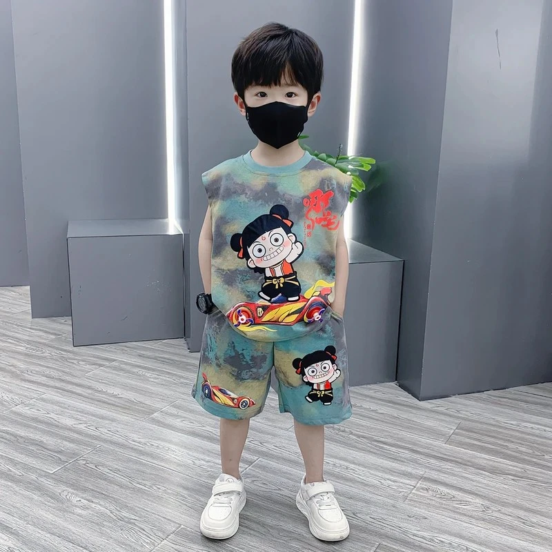 哪吒衣服男童夏季套装2025新款洋气女宝宝时髦男孩短袖短裤两件套