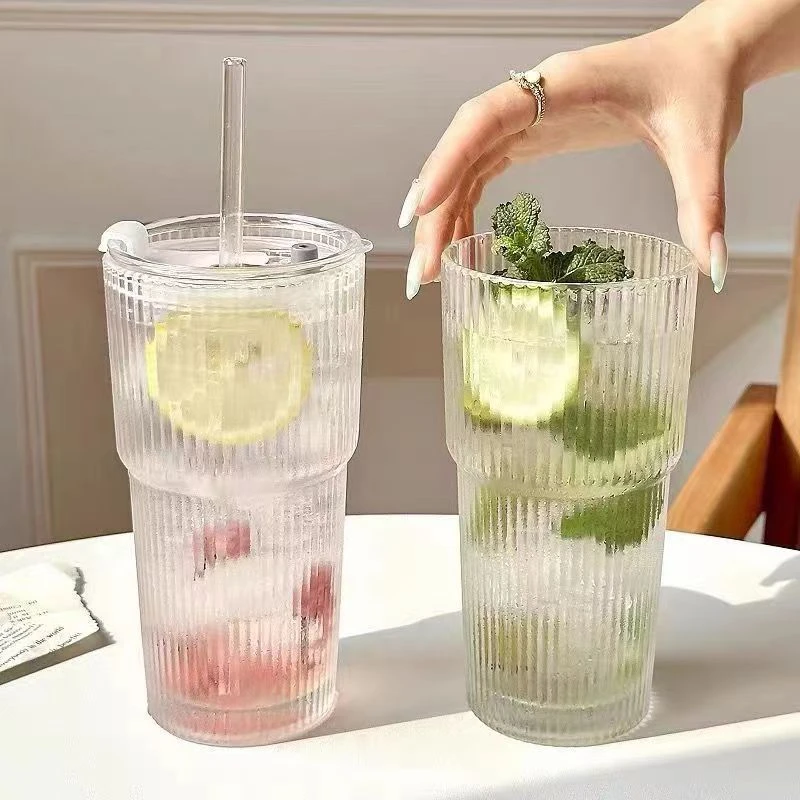 网红竖纹咖啡杯情侣办公室透明吸管玻璃杯简约大容量带盖杯子创意