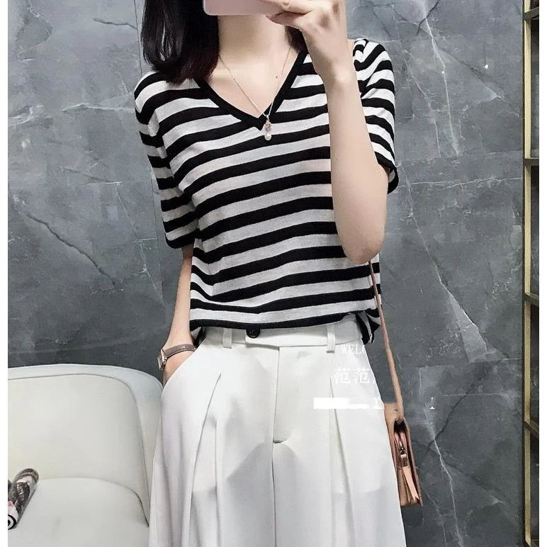 正品哥家拼色冰丝黑白条纹针织短袖女夏季薄款V领宽松上衣T