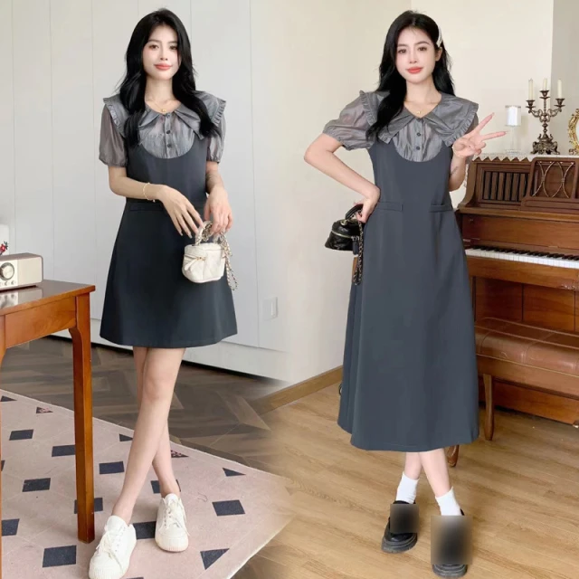 大码女装假两件娃娃领短袖连衣裙2025新款女夏季胖mm收腰显瘦短裙